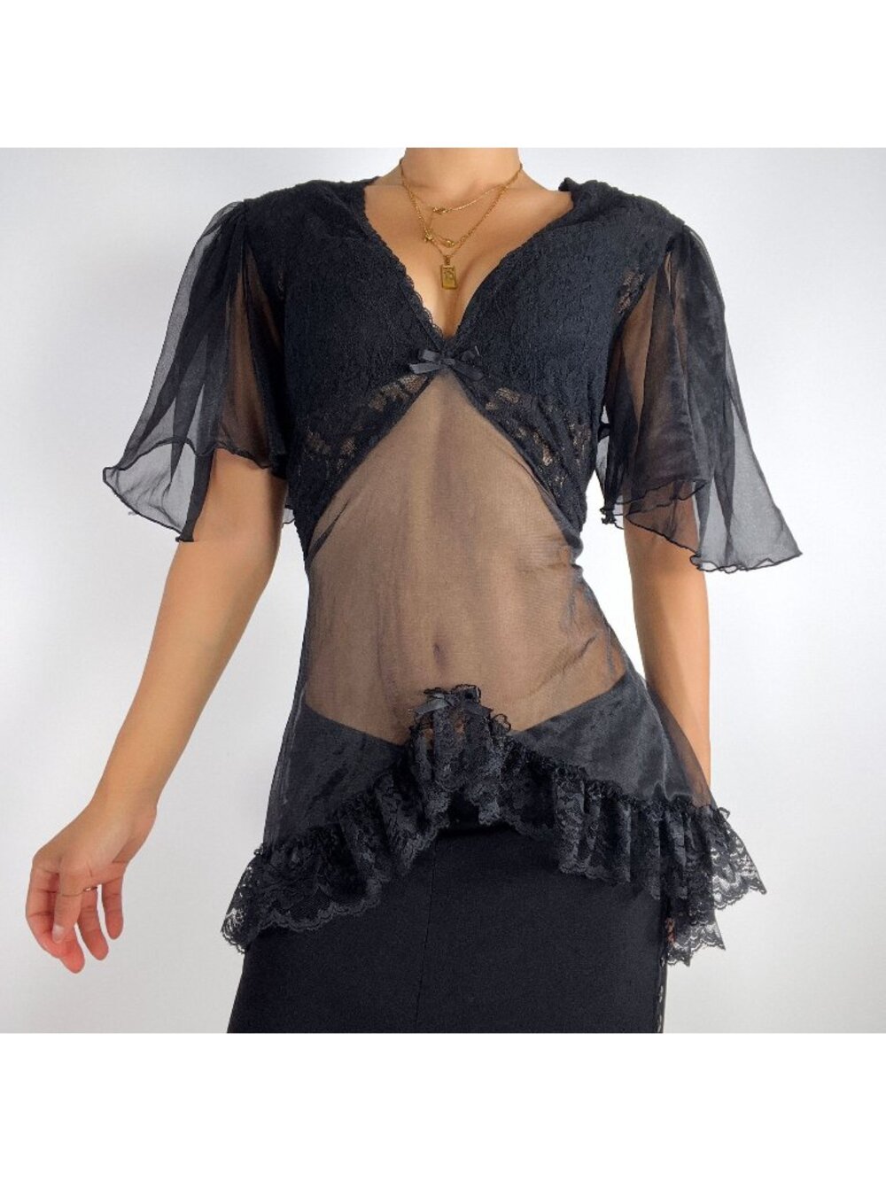Vintage Y2K Black Whimsygoth Fairycore Floral Sheer Lace Lingerie Top / S-L